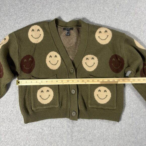 Forever 21 Women's Cozy Fit Cardigan Smiley Face Green Tan Jacquard Knit Size M - Picture 3 of 7
